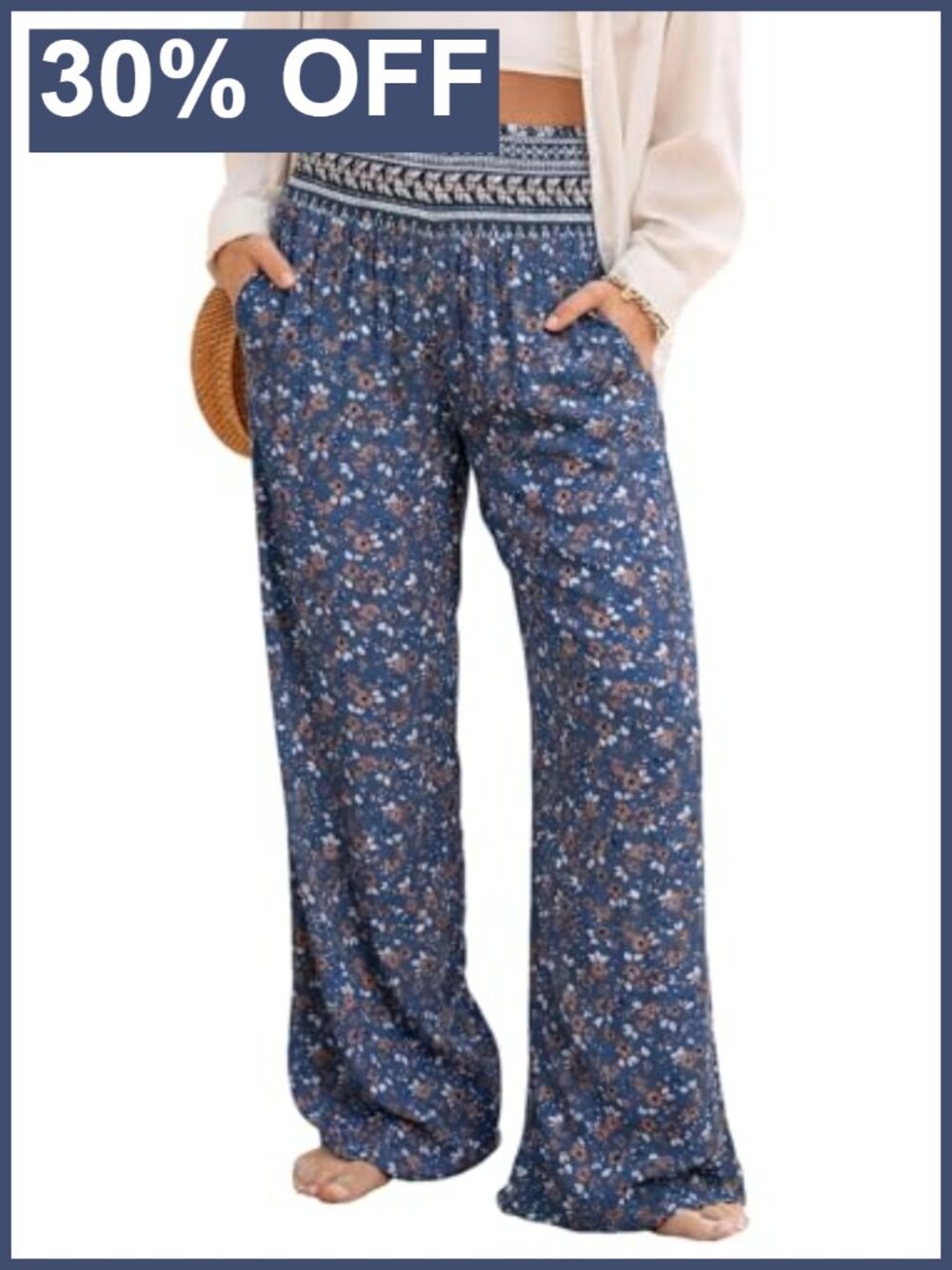 Boho Floral Wide Leg Palazzo Pants High Smocked Waist with Pockets